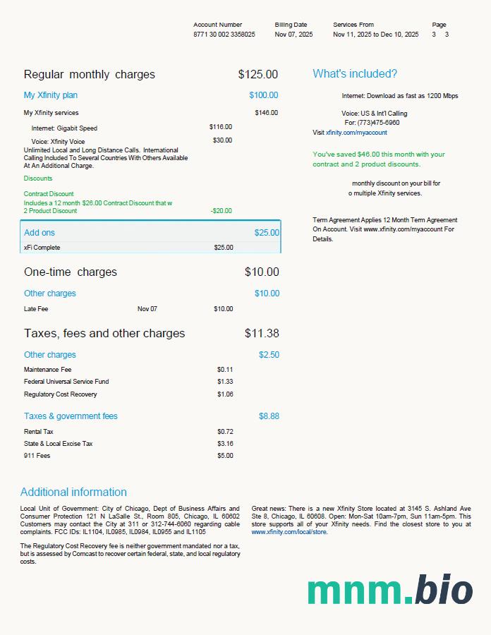 Szablon rachunku za media USA Xfinity w formatach Word i PDF, 3 strony, Wersja 2, 3 strona